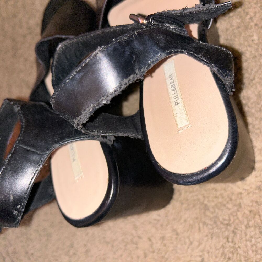 Pull&Bear Black Platform Open-toe Chunky Heel Ankle Strap Sandal Size 6.5 - Picture 4 of 5